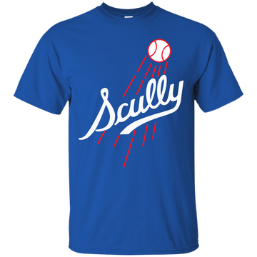 Scully in Los Angeles Dodgers logo style shirt